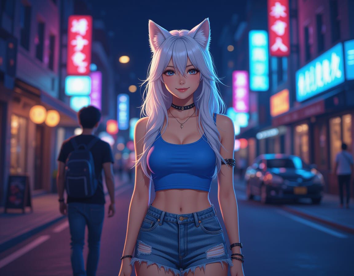 Silver-Haired Kitsune in Neon Cityscape