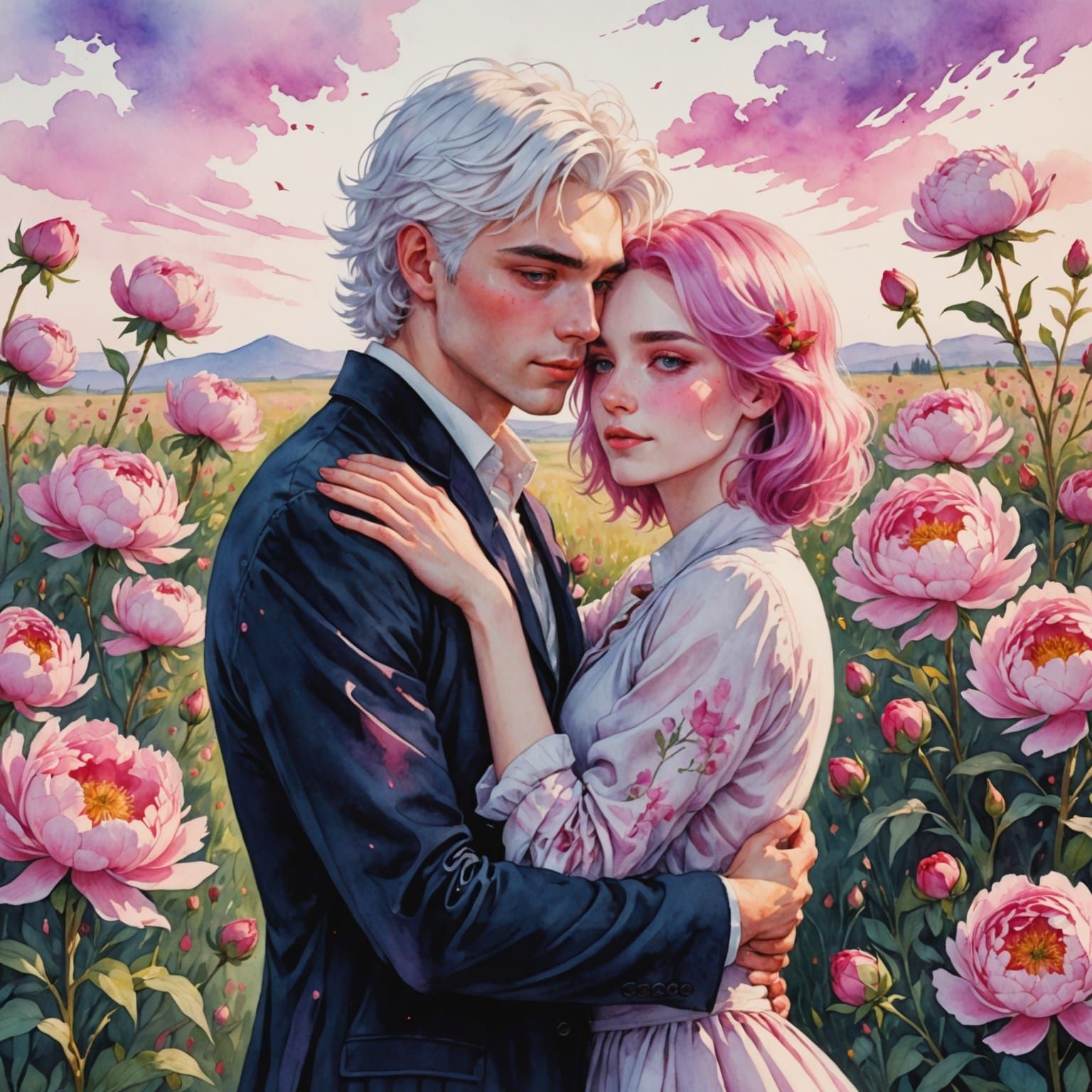 Watercolor Romance in a Whimsical Field of Peonies