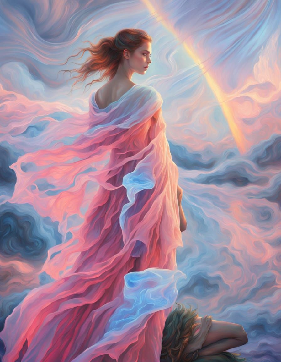 Impressionist Portrait of Woman in Dreamscape Windstorm