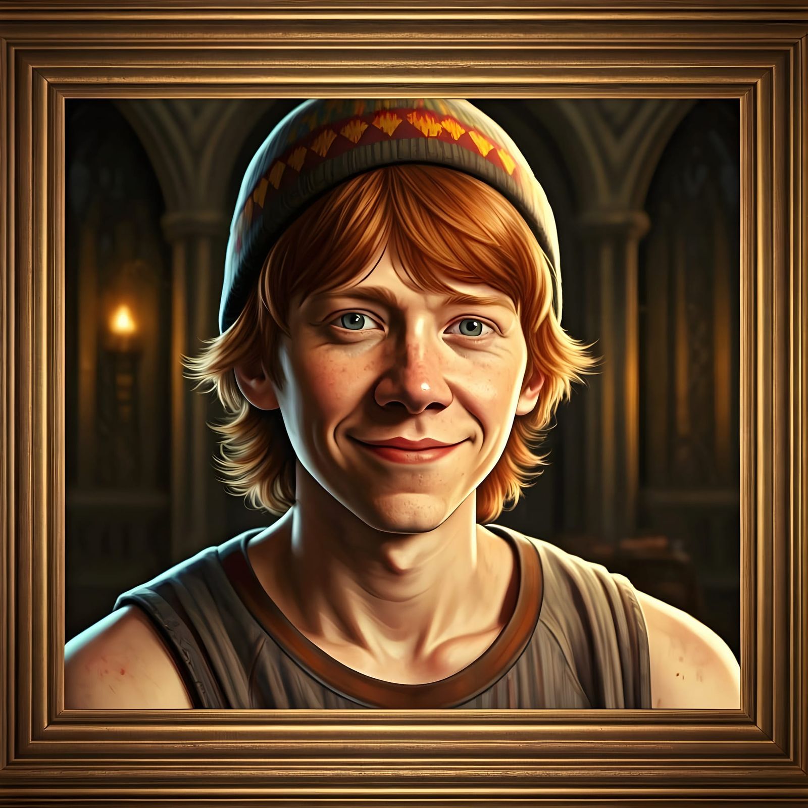 Ron Weasley's Warm Smile in Hogwarts Grandeur