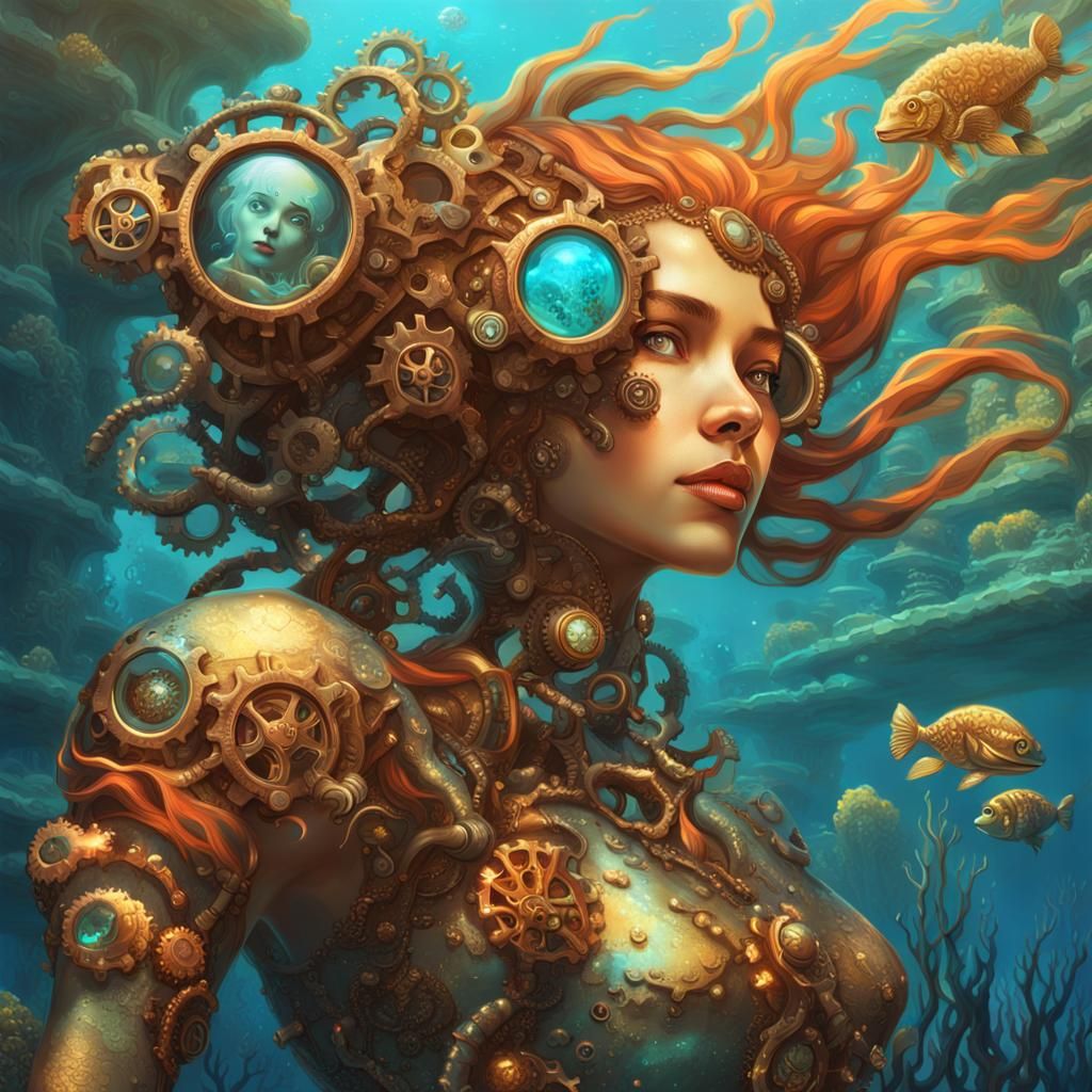 Steampunk Cyborg Mermaid in Coral Reef