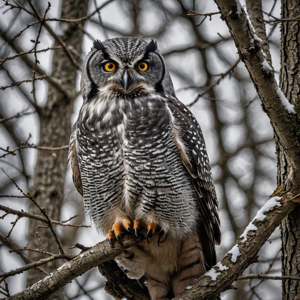 A Hyperrealistic closeup of a Northern Hawk-owl (Surnia ulul...