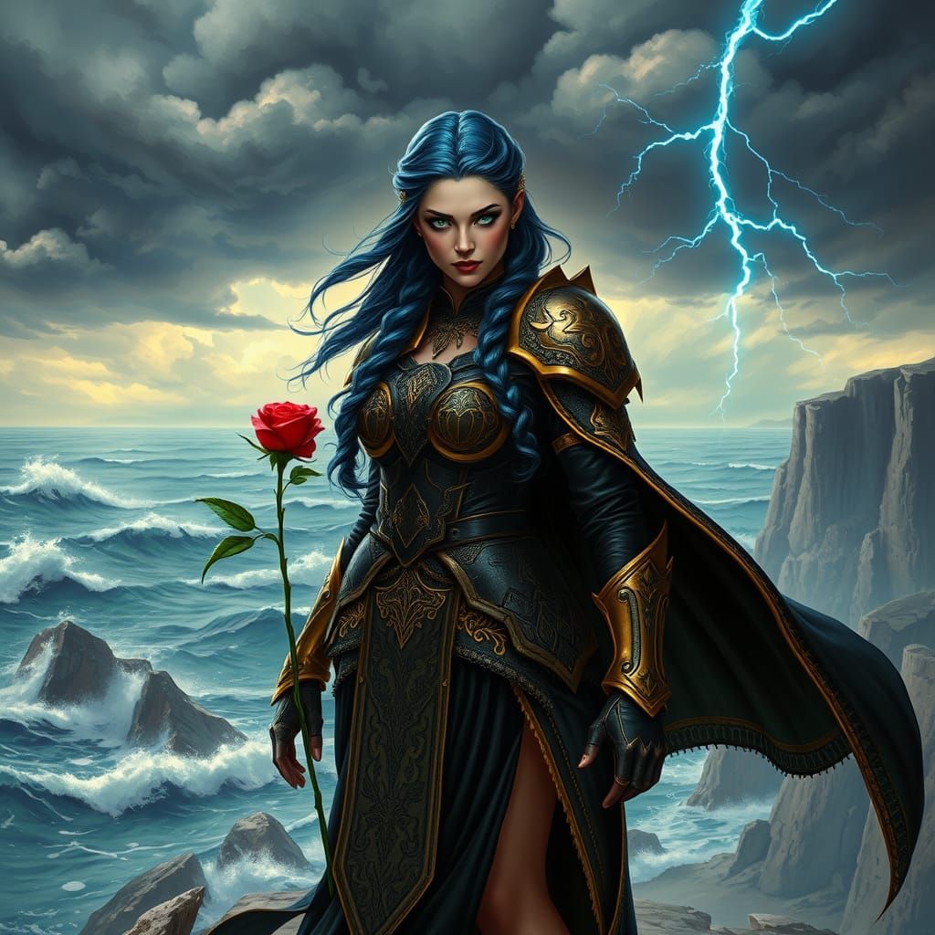 Ethereal Warrior Queen Reigns Over Turbulent Seascape