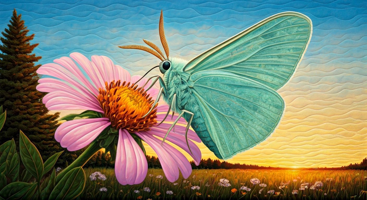 Mint Moth on Pink Flower Quilt Design