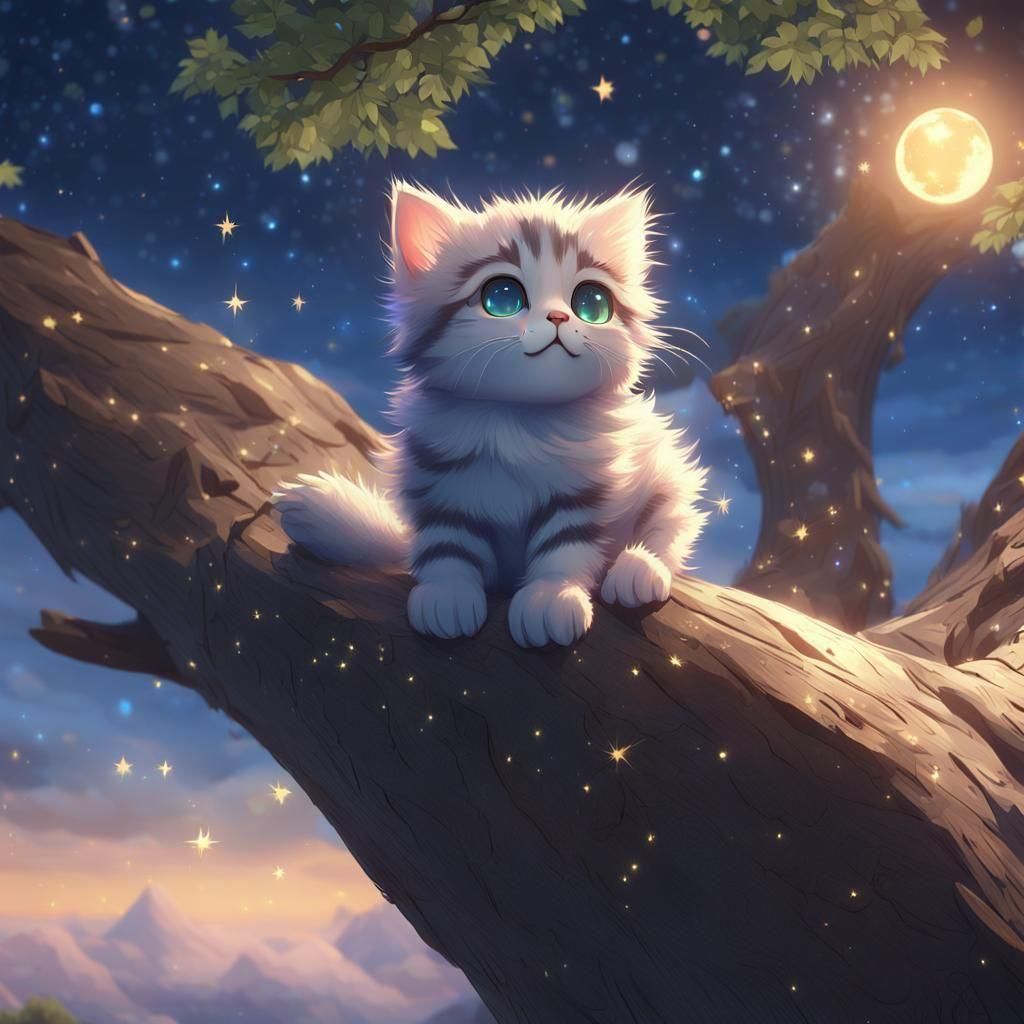 Anime Kitten Gazing at Starry Sky in 3D