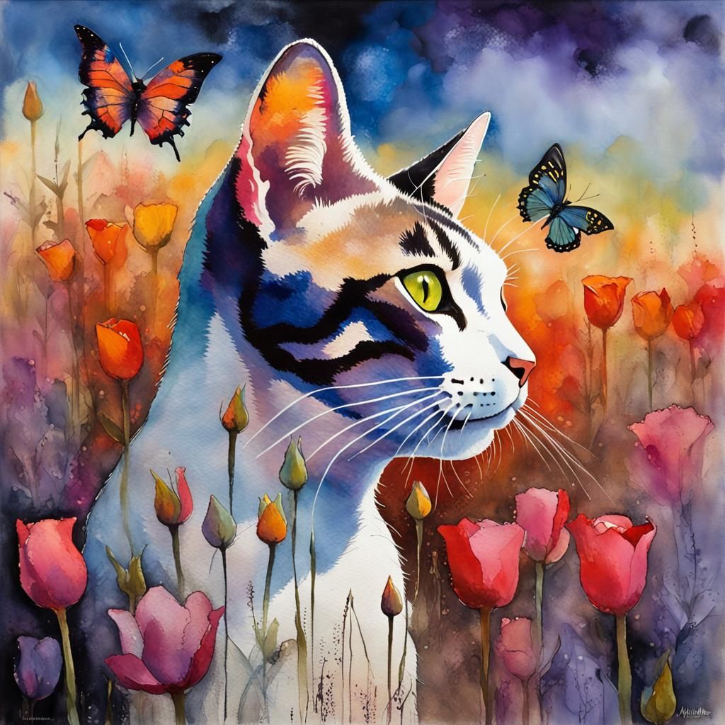 Expressive Cat with Butterfly in Floral Field, Watercolor