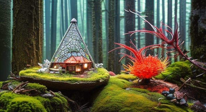 Miniature Forest House Macro Shot in Dark Fantasy Style