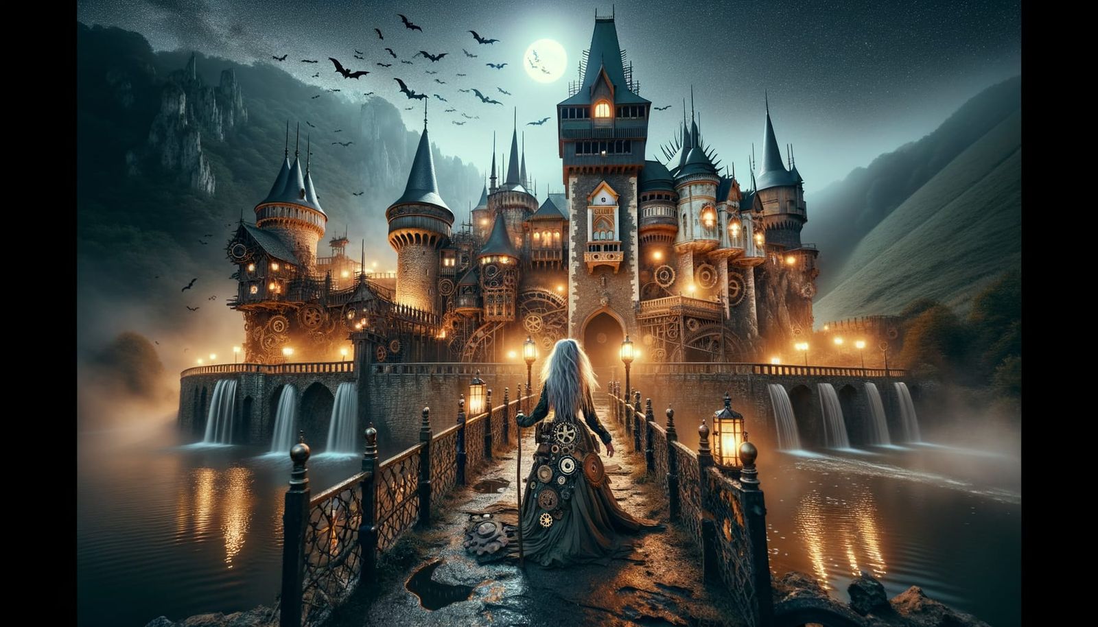 Steampunk Gothic Castle in Moonlit Valley