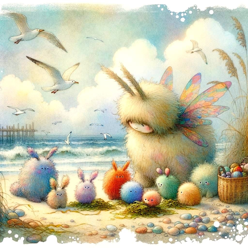 Whimsical Fantasy Creatures Collecting Seaweed in a Dreamy C...