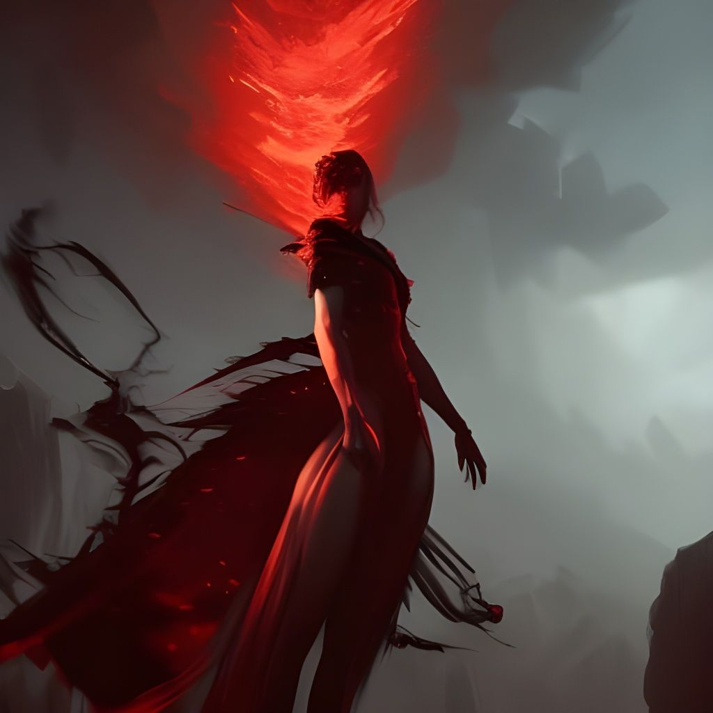 Dragon, Mountains, and Red Dress Girl in Dark Fantasy