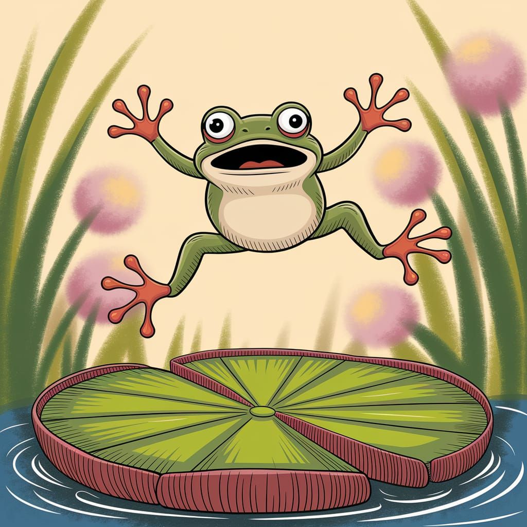 Surprised Frog Leaping from Lily Pad Illustration