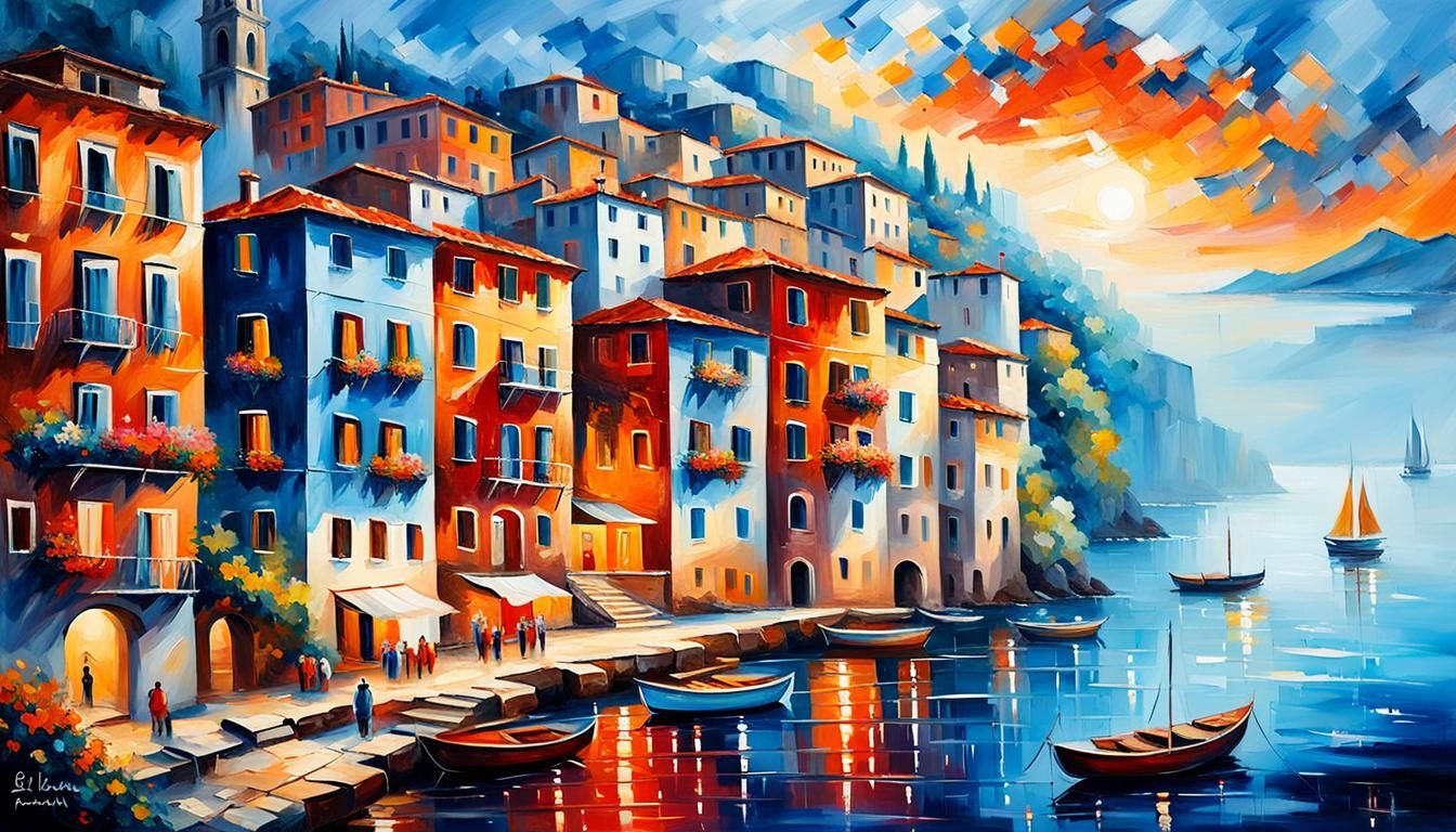 Italian Coastal View as Vibrant Impasto Oil Painting