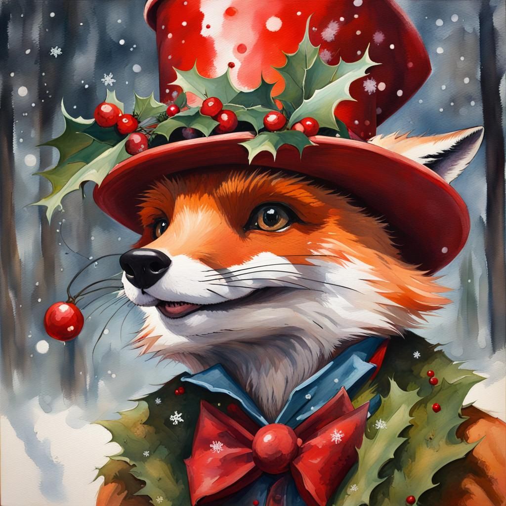 Festive Christmas Fox in Watercolor Painting Style