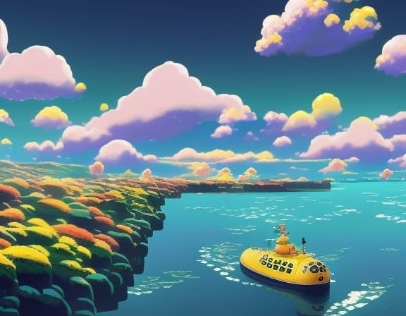 Yellow Submarine in Anime Style, Deep Ocean