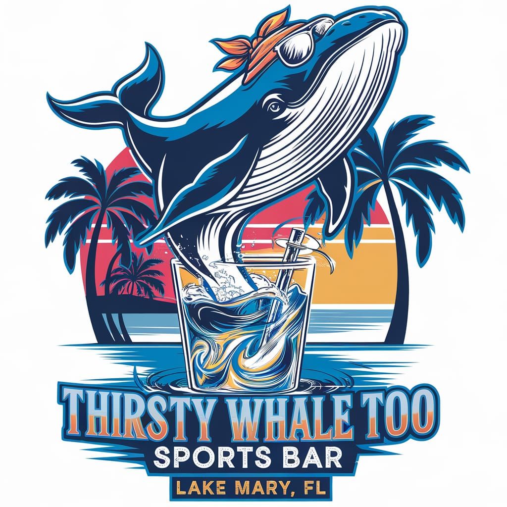 Vibrant Whale Leaps from Drink in Tropical T-Shirt Design