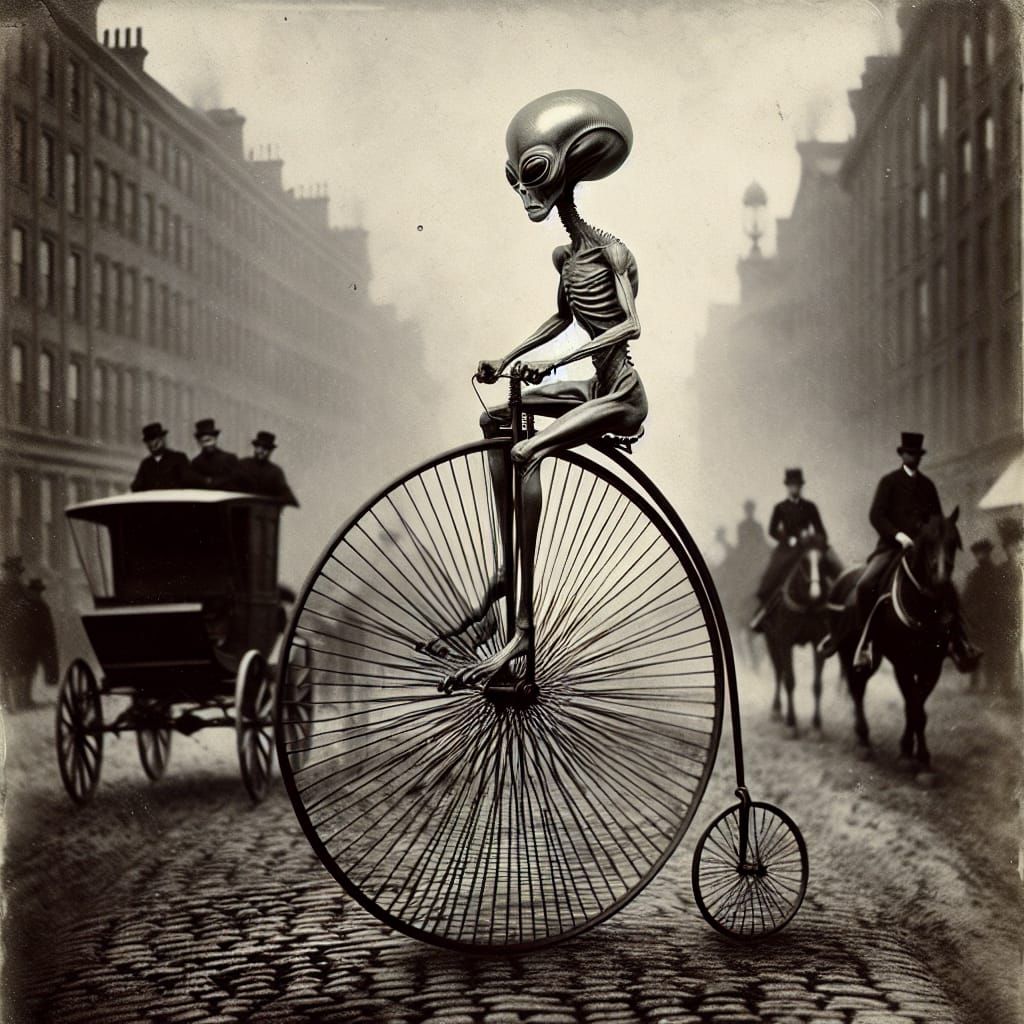 Alien on Penny-Farthing: 1885 Sepia Photograph