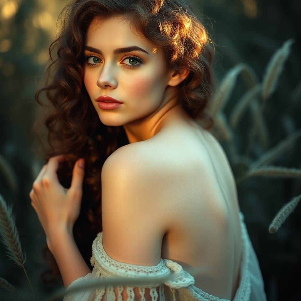 Woman with Curly Hair in Art Nouveau Style