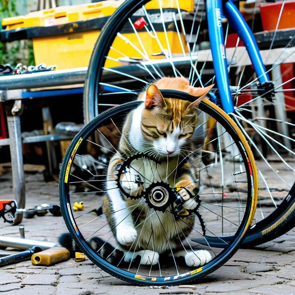 Bike Mechanic Cat Changes a Wheel