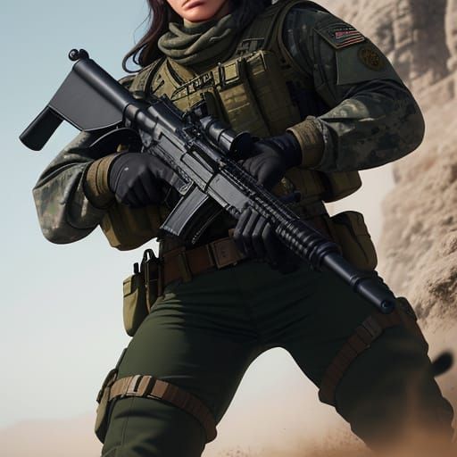 Young Female Soldier in Green Beret, Ready for Action