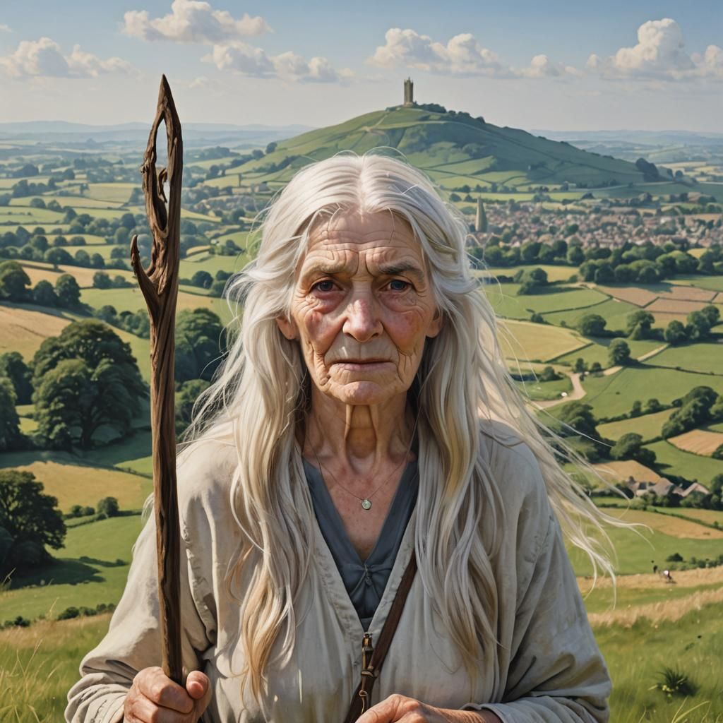 Photorealistic Old Woman with Staff and Glastonbury Tor