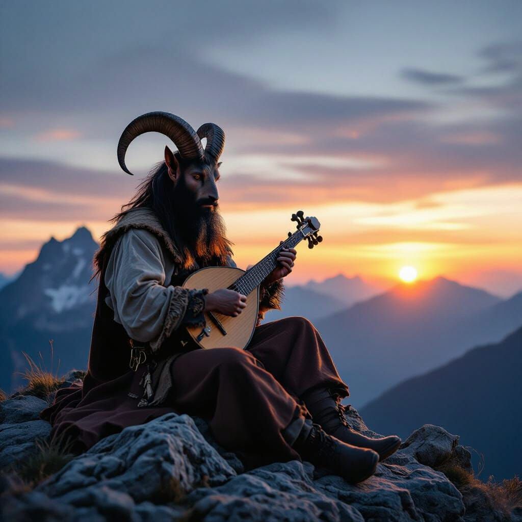 Pan Goat Musician on Mountain Peak at Twilight