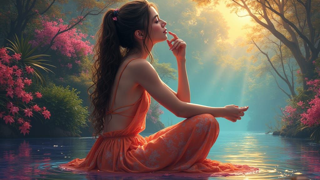 Zen Paradise: Serene Woman in Splash Art Style