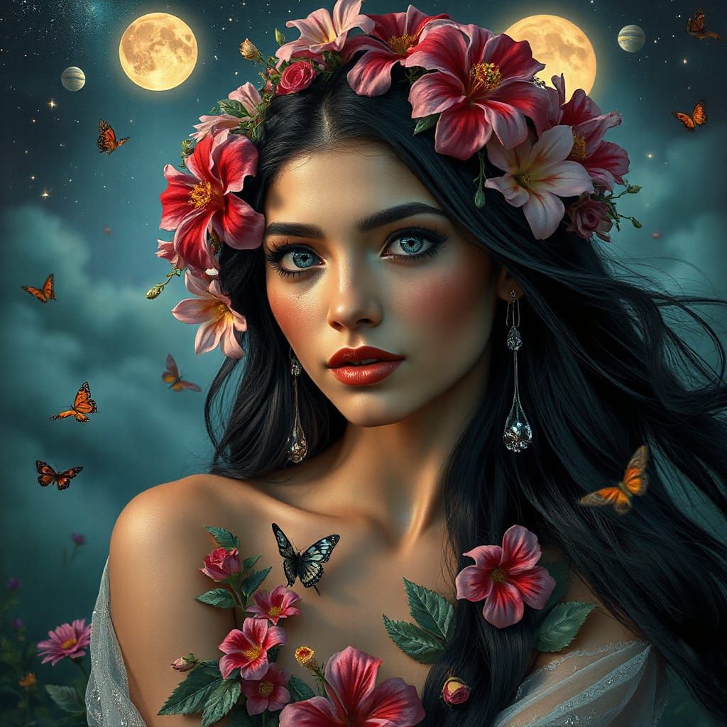Latina Woman Portrait with Floral Crown, Photorealistic