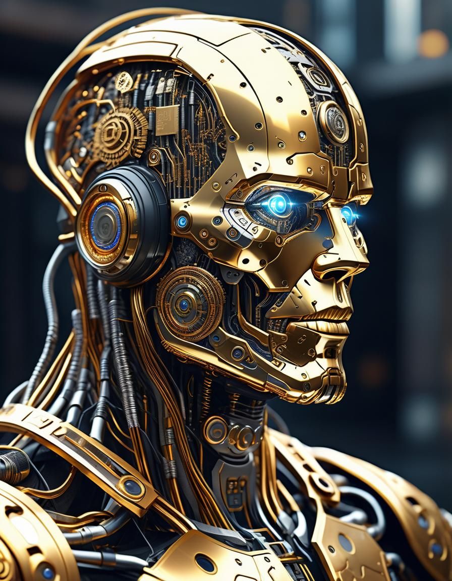 Cyberpunk Gold Cyborg in Glistening Metallic Armor