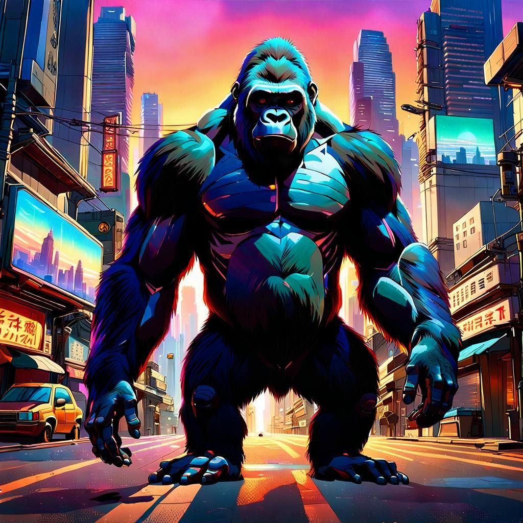 Gorilla on Coruscant Street in Anime Style
