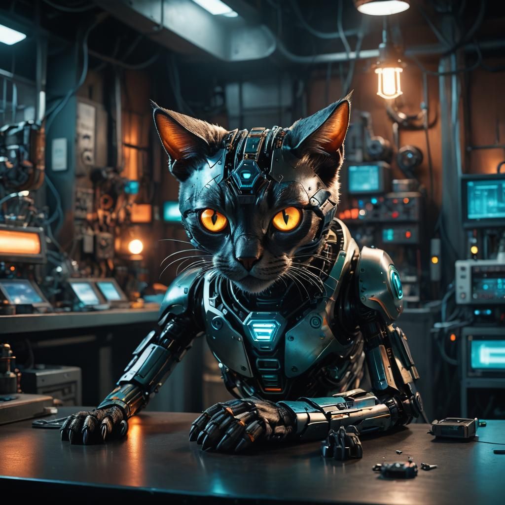 Surreal Robot Cat in Moody, Darkened Lab Environment