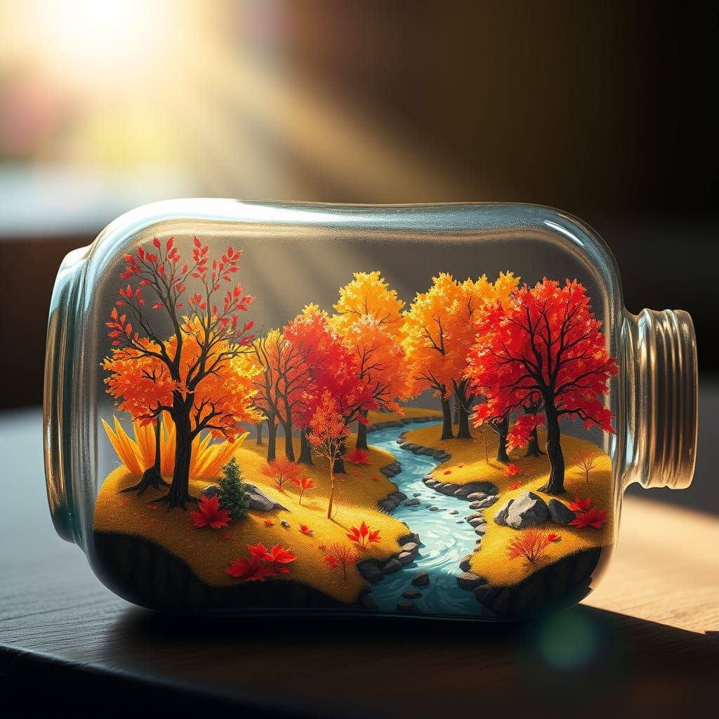 Whimsical Autumn Forest Diorama Inside a Glass Bottle