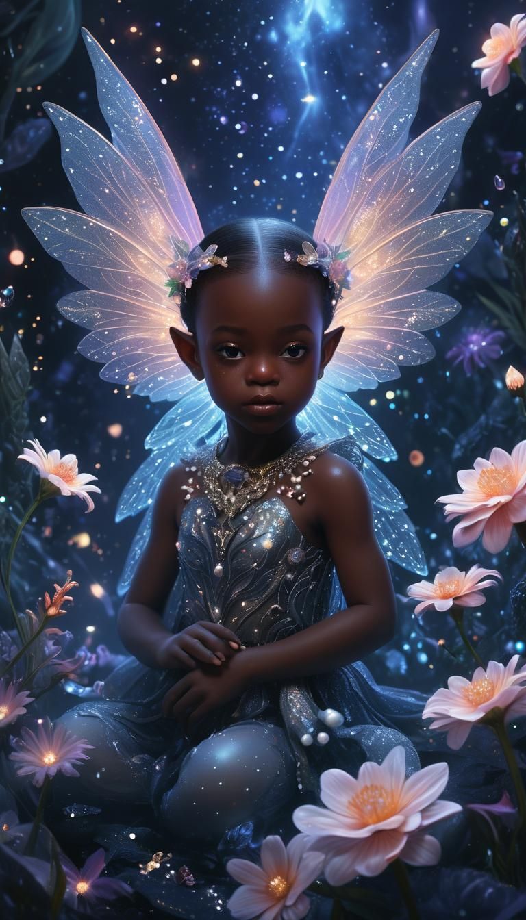 Fairy 2 year old baby, delicate and beautiful 82k, with glittering wings, exotic large flowers, space plants 3000PPI, un...