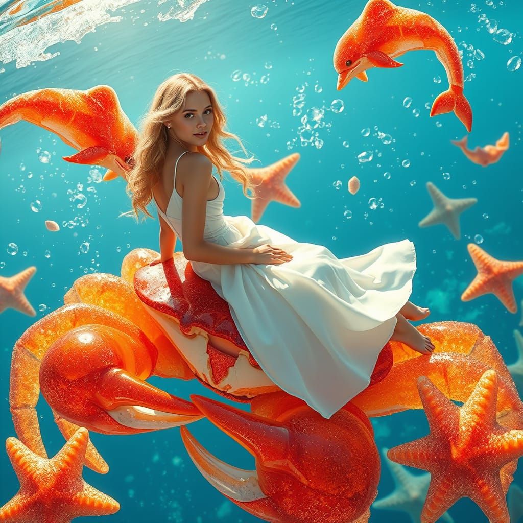 Woman Rides Gummy Crab in Soda Sea, Digital Art