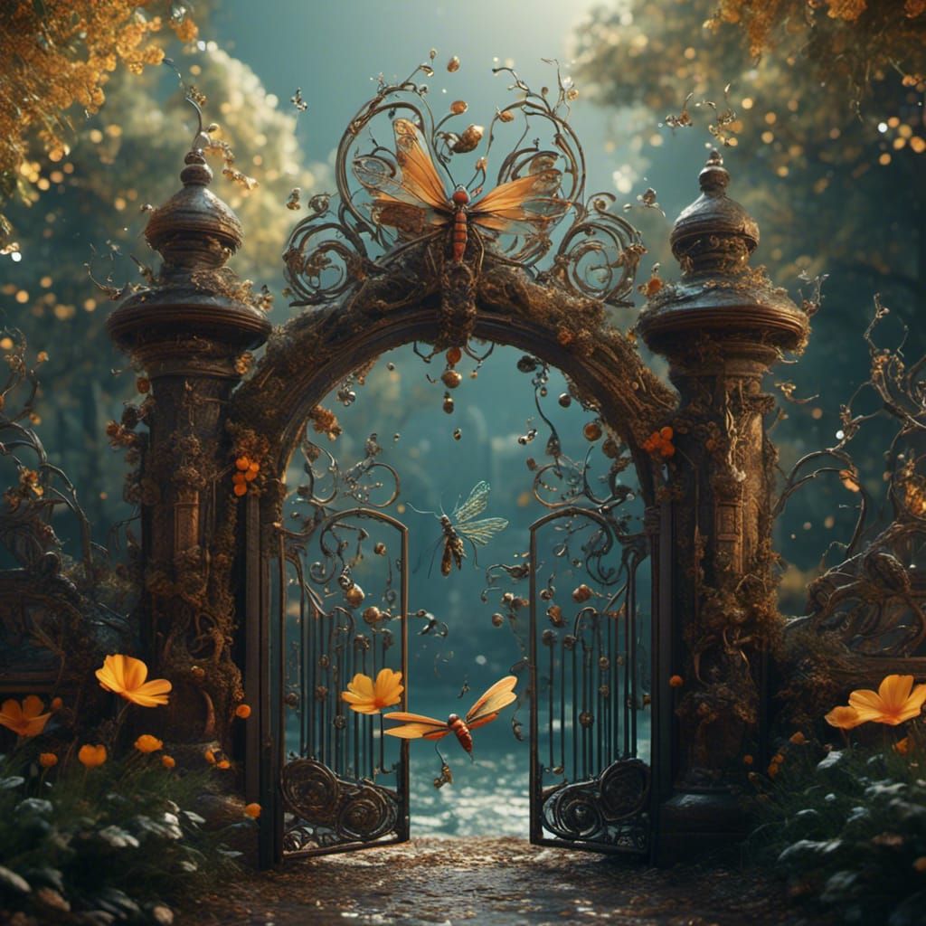 Dragonfly and Art Nouveau Gate, Detailed Matte Painting