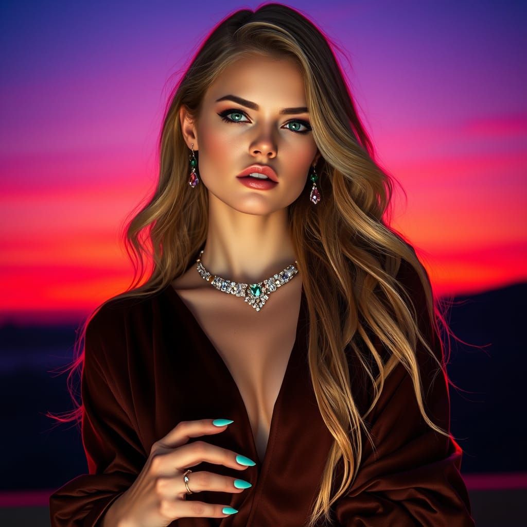 Glowing Supermodel in Elegant Satin and Velvet Gown