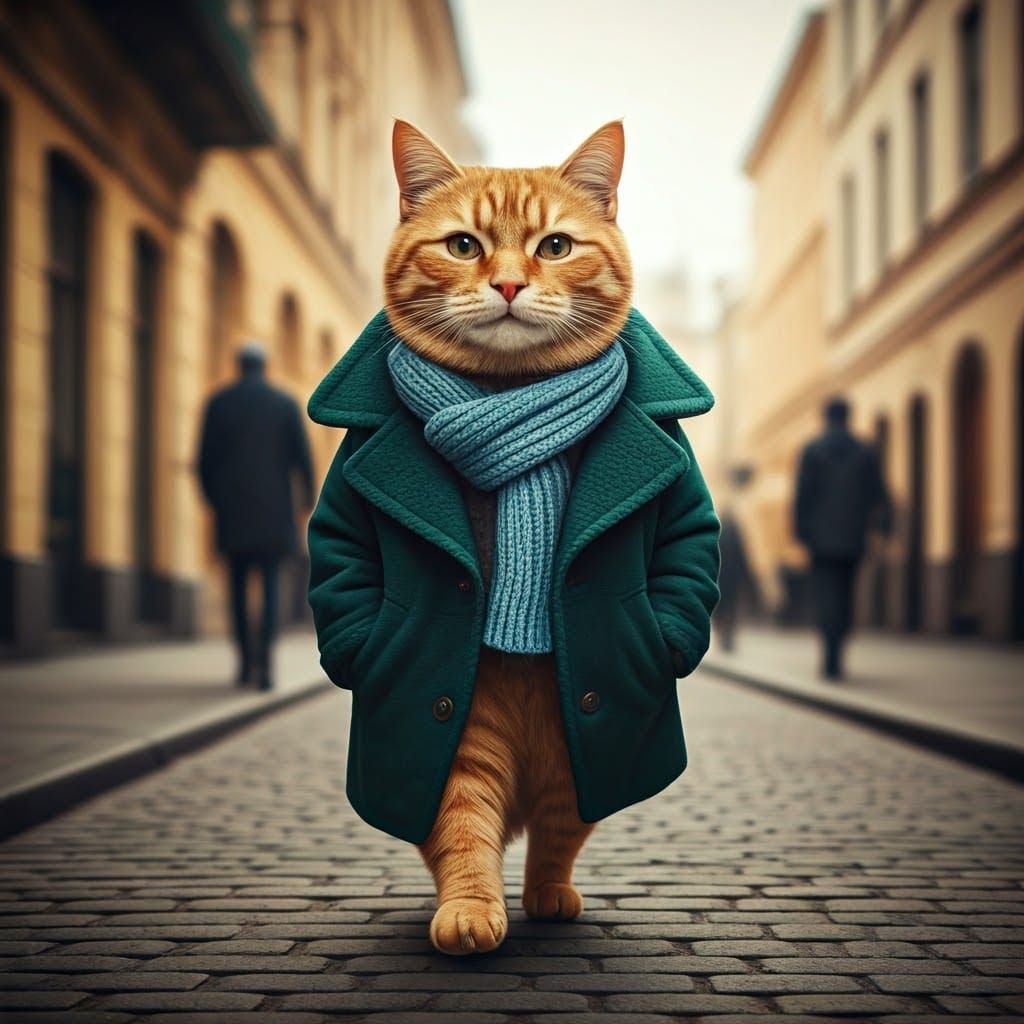 Dapper Tabby Cat Walking Down Cobblestone Street