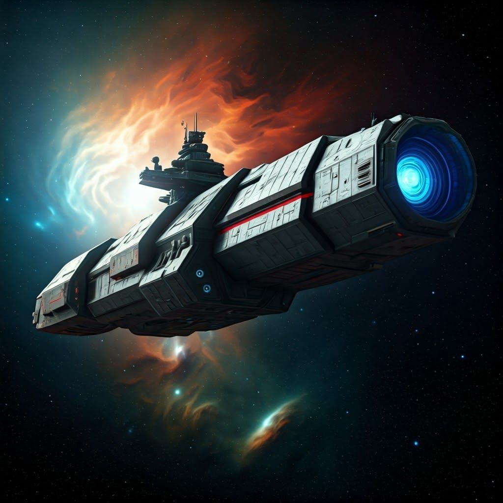 Sci-Fi Warship in Nebula, Industrial Futurism Style
