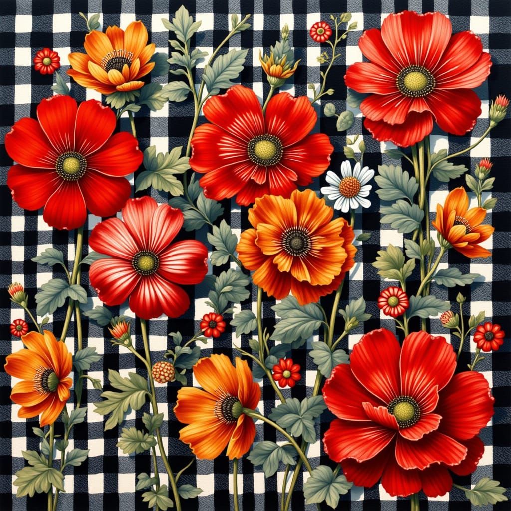 Folk Collage: Khokhloma Motifs with Gingham Pattern