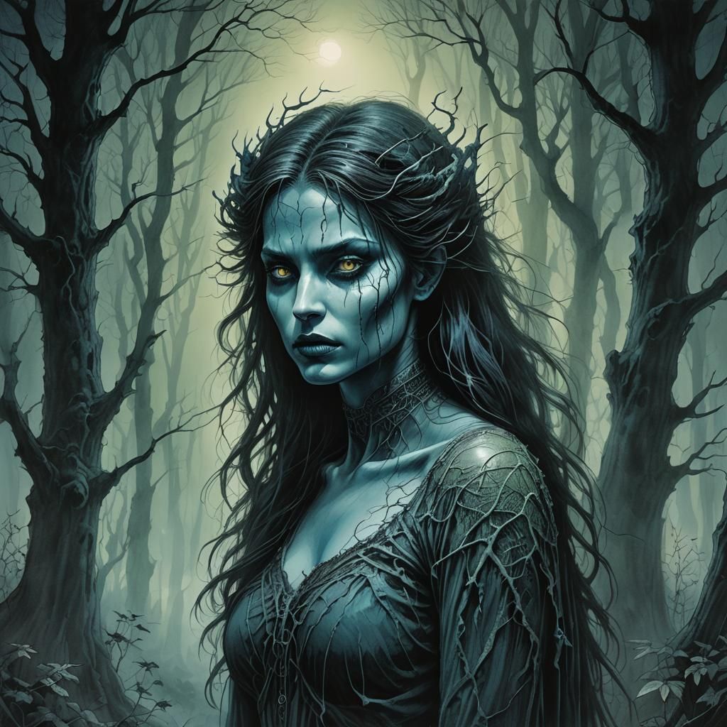 Demonic Woman in Misty Woods: Dark Fantasy Portrait