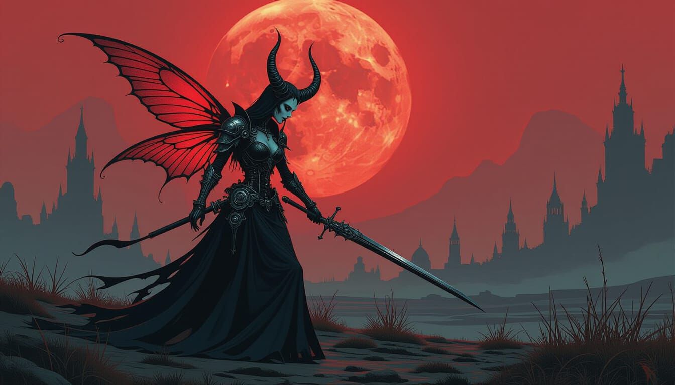 Gothic Cyborg Vampire Fairy Against Red Moon