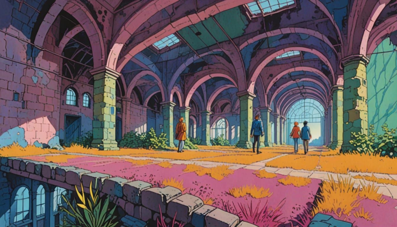 Couple Exploring Abandoned Factory in Comic Book Style