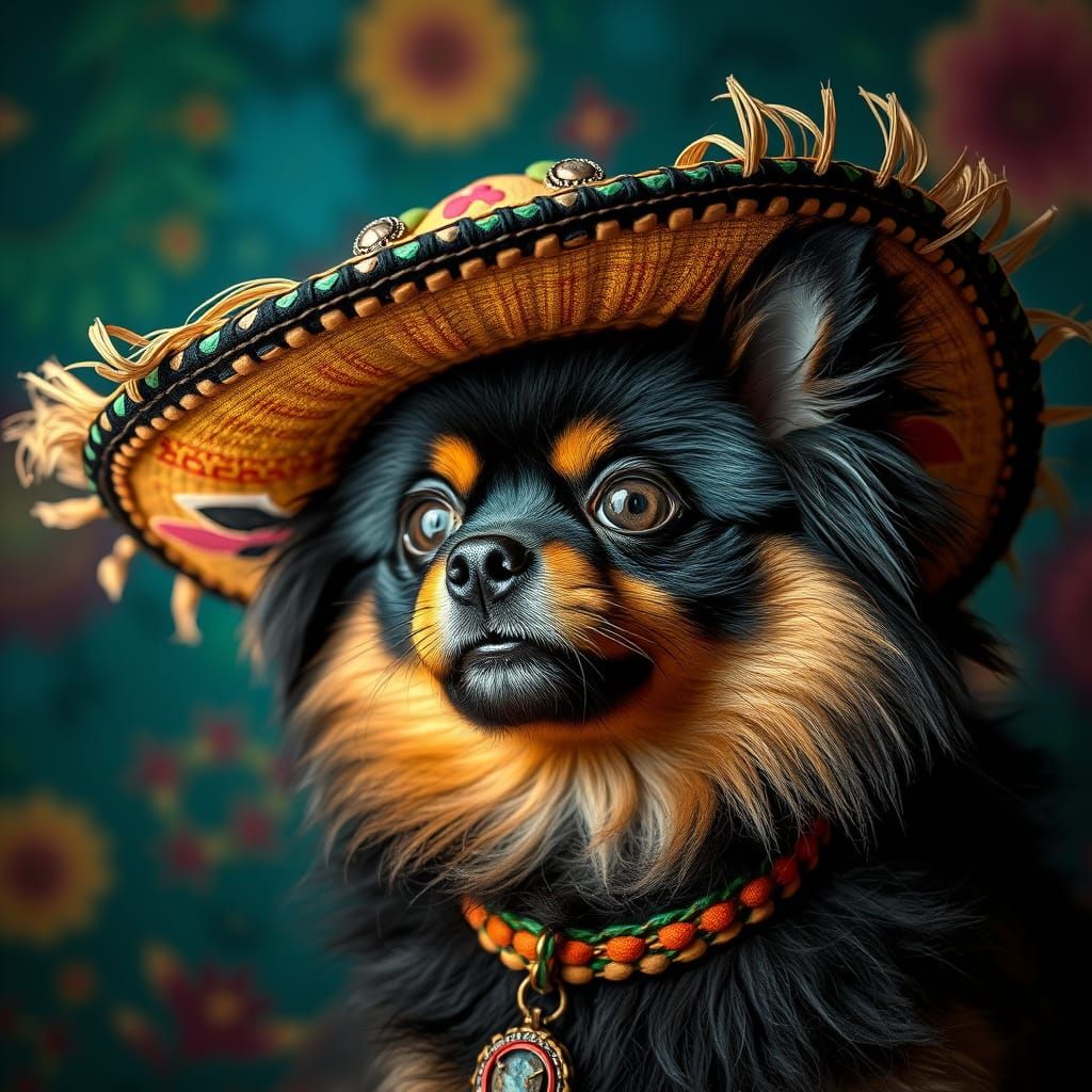 Pomeranian in Sombrero: Impasto Painting with Festive Colors