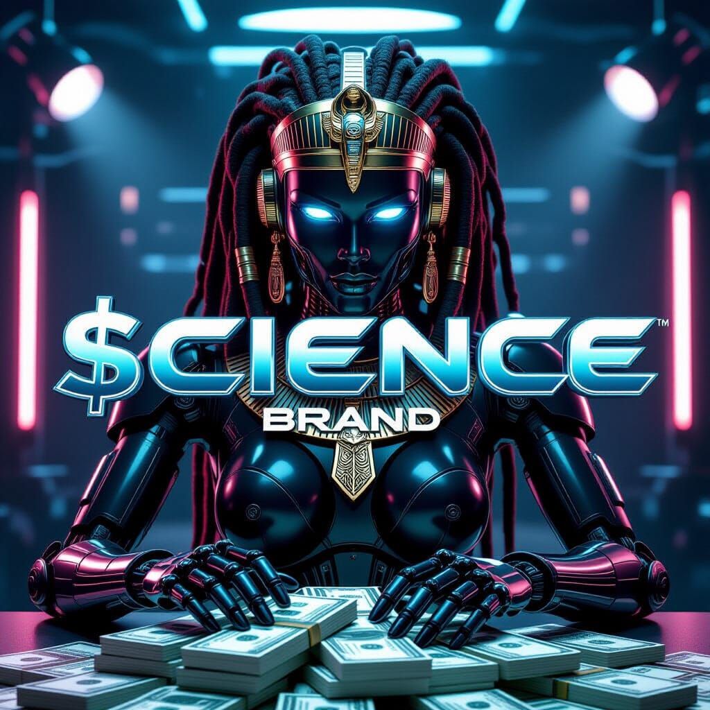 Futuristic Robot Counting Money in Cyberpunk Style