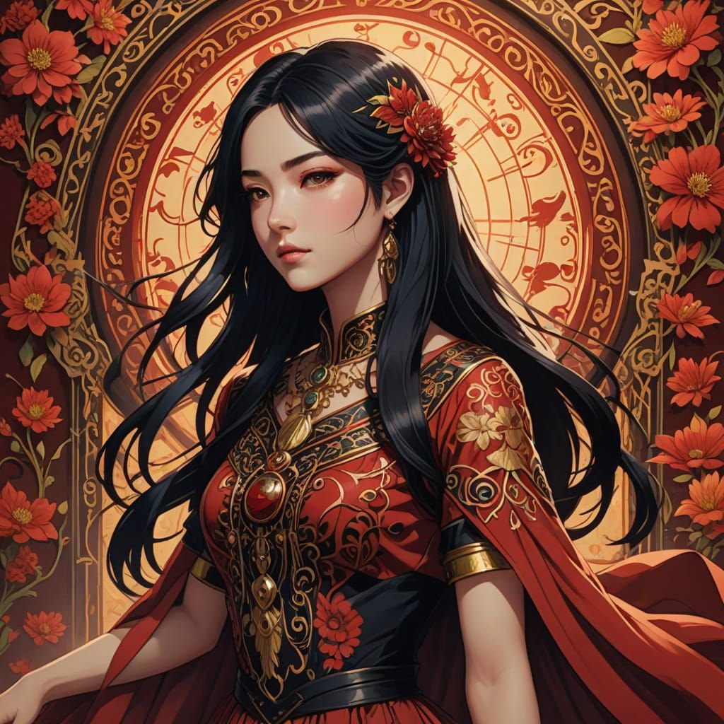 Elegant Jugendstil Woman in Crimson Red Dress with Ancient L...