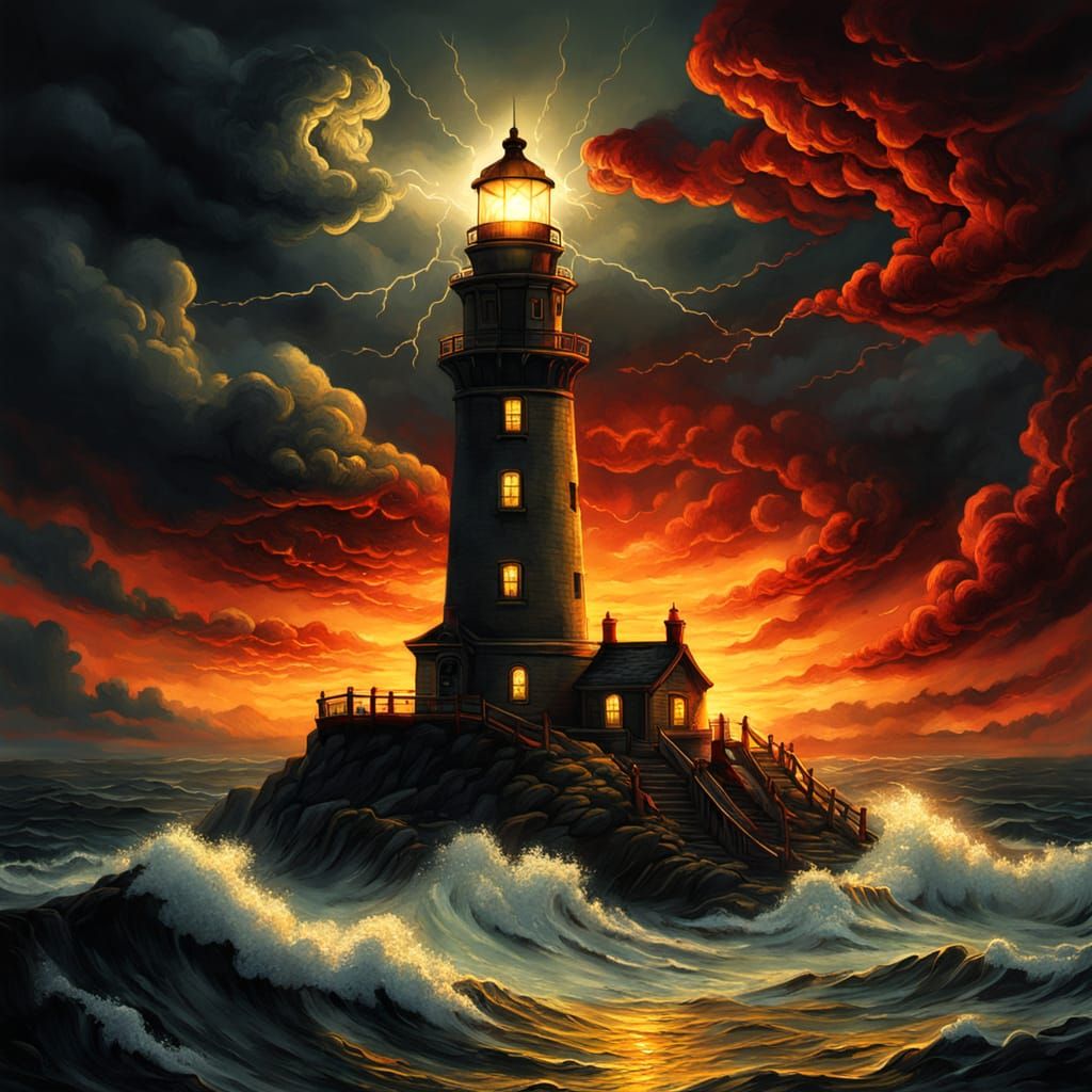 Dark Fantasy Lighthouse Illuminates Mythical Creatures