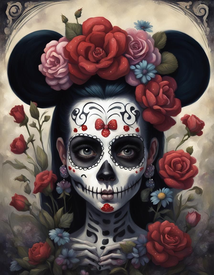 Gothic Minnie Mouse with Flowers, Skeleton Girl