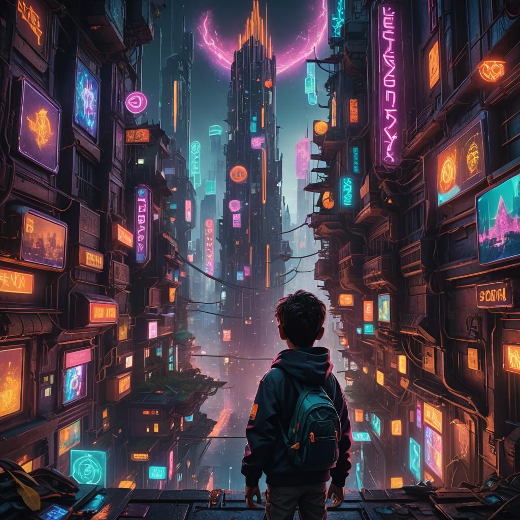 Neon Cityscape with Child, Detailed Matte Painting