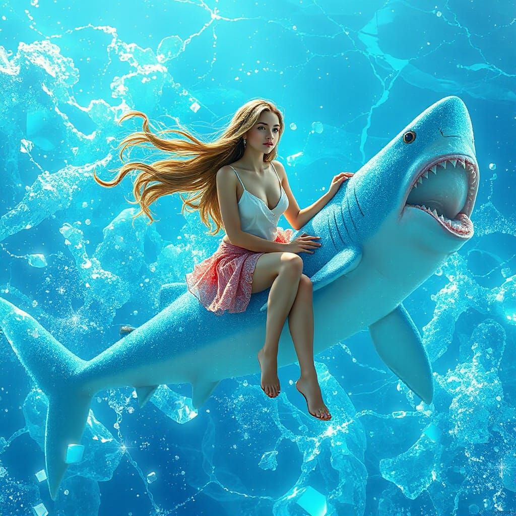 Young Woman on Sugar Gummy Shark in Neon Soda Sea