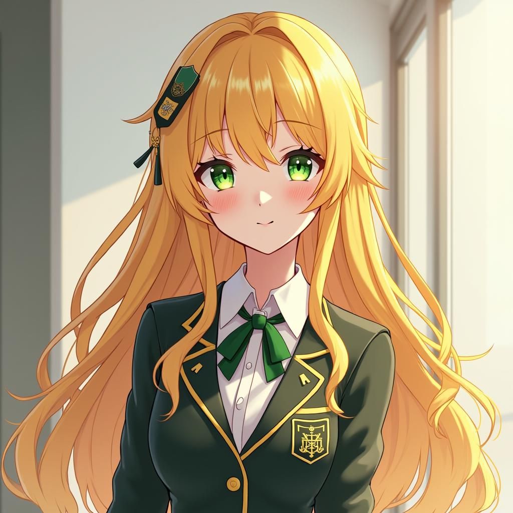 Charming Schoolgirl with Golden Hair in Anime Style