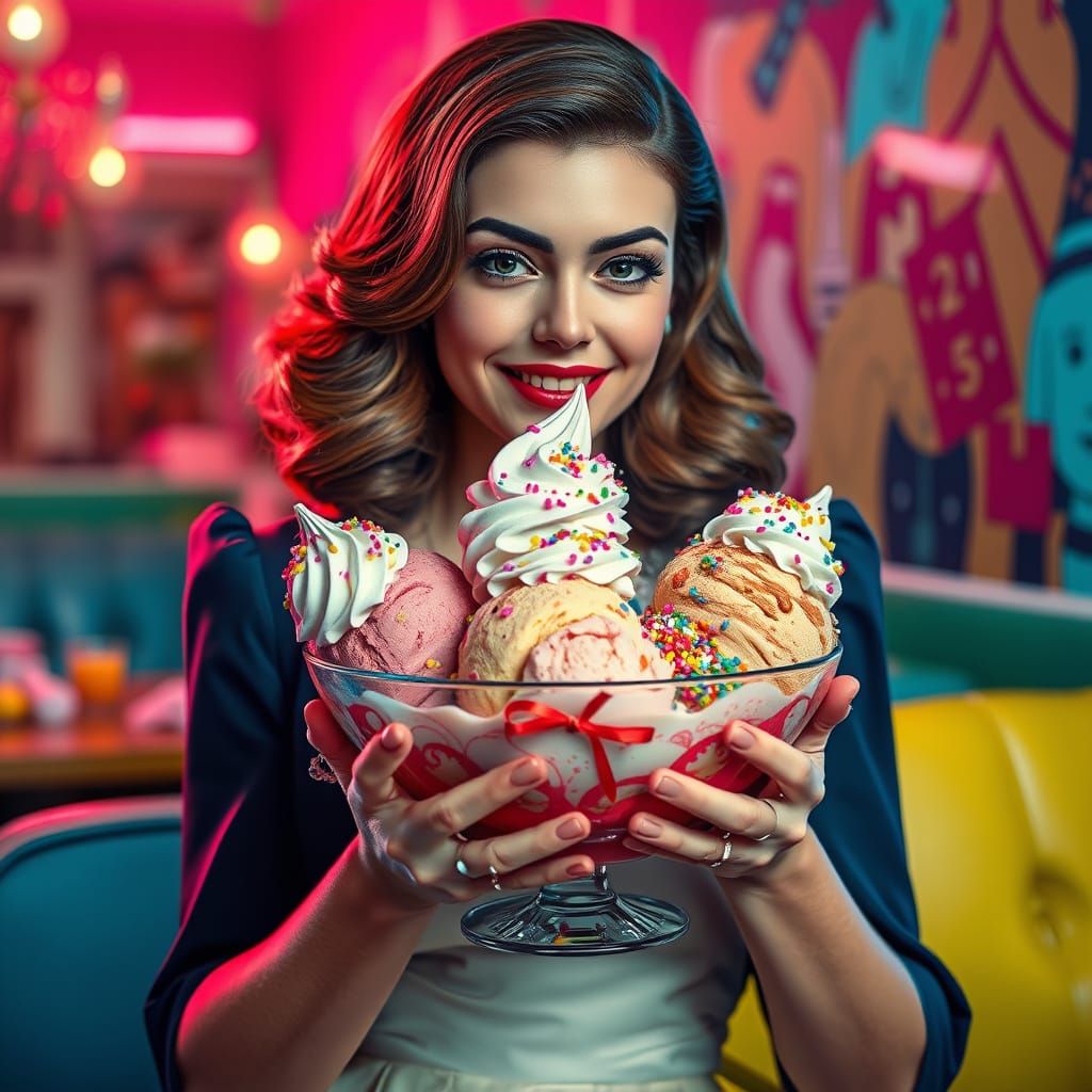 Rainbow Ice Cream in 50's Diner, Hyperrealistic Style